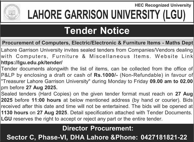 Lahore Garrison University Tender Notice